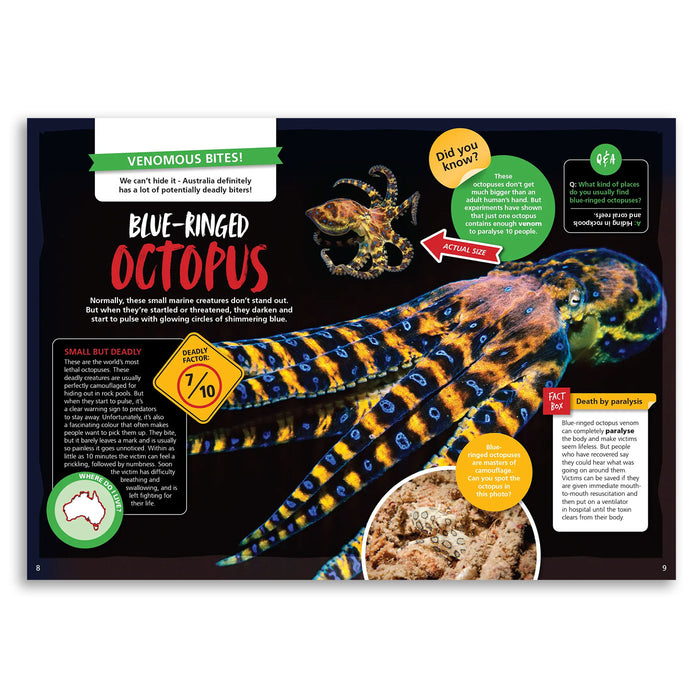 Educational poster about the Blue-Ringed Octopus with text and images.