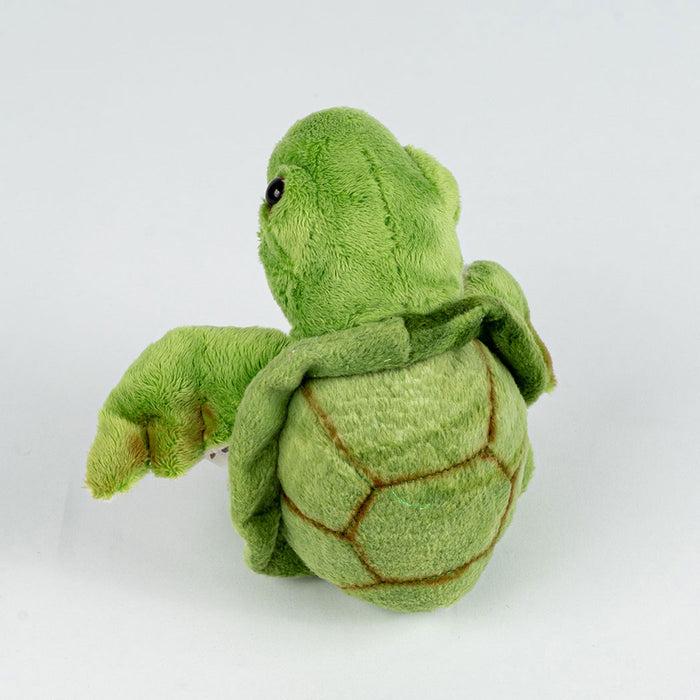 Green plush turtle toy on a white background