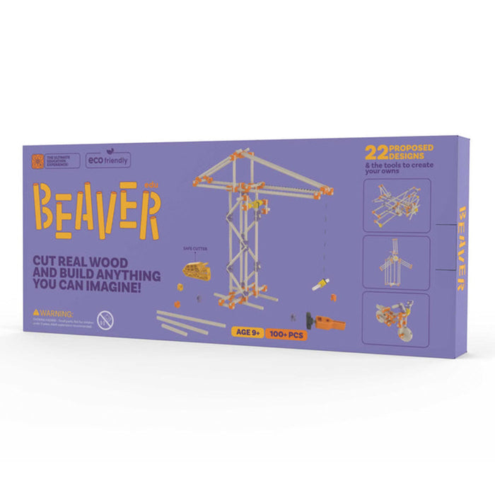 Beaver wood building kit packaging with crane model on purple background