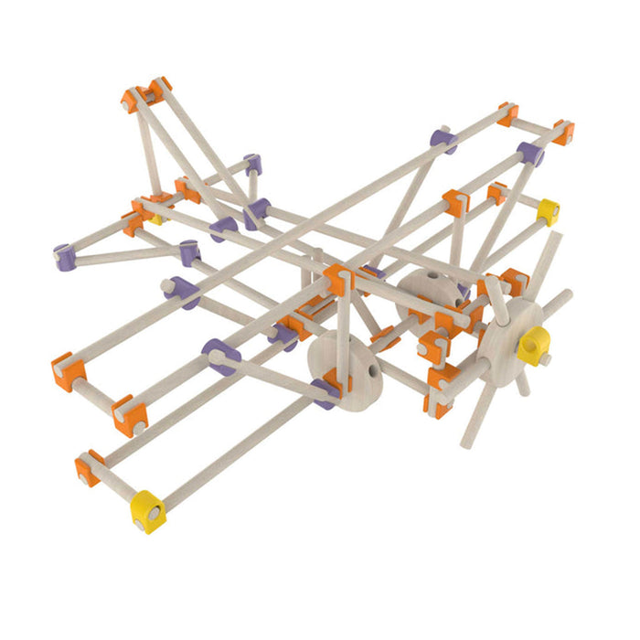 Mechanical model made of interlocking pieces on a white background