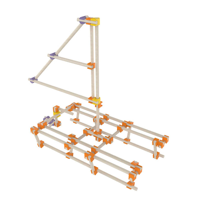 Toy marble run structure with wooden blocks and colorful connectors on a white background