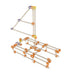 Toy marble run structure with wooden blocks and colorful connectors on a white background