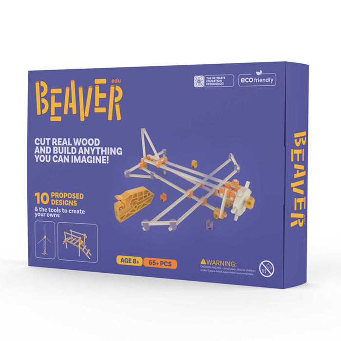 Beaver wood building kit packaging with text and toy model on a white background
