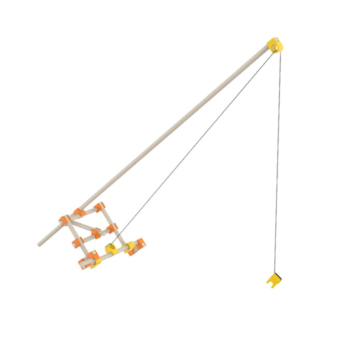 Toy crane with wooden arm and pulley system on a white background