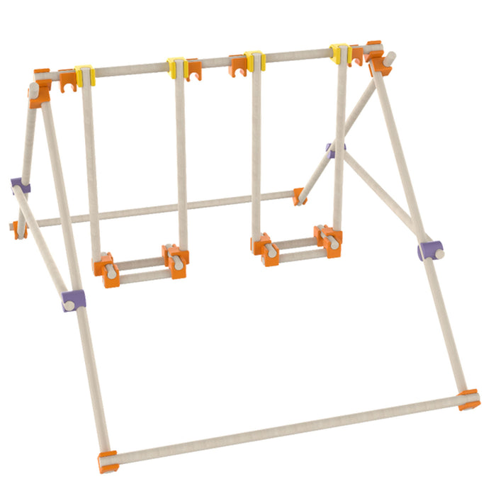 Wooden toy structure with colorful clips on a white background
