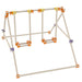 Wooden toy structure with colorful clips on a white background