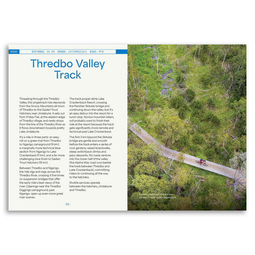 An open book or magazine page showing a travel article about Thredbo Valley Track. The left page has a blue header and white background with the title 'Thredbo Valley Track' and descriptive text.