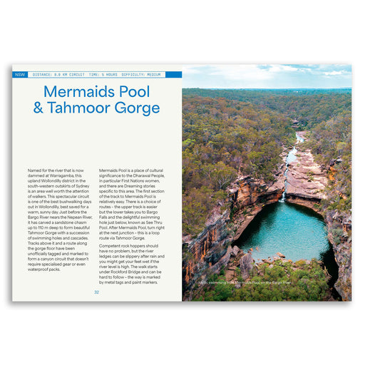 A magazine or brochure page featuring a large scenic photograph of Mermaid Pool and Tahmoor Gorge on the right, with descriptive text on the left. The page has a white background with blue header accents and a landscape photo showing green forested terrain and a winding river.