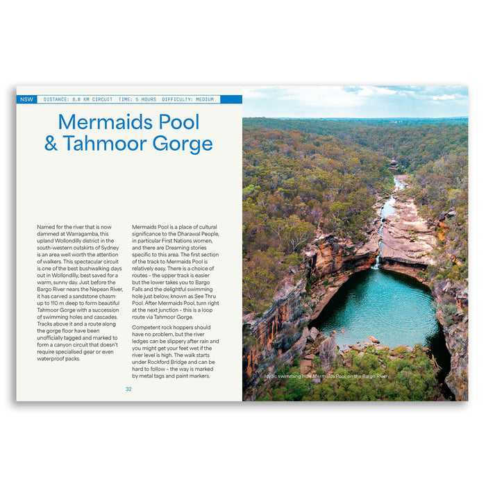 A magazine or brochure page featuring a large scenic photograph of Mermaid Pool and Tahmoor Gorge on the right, with descriptive text on the left. The page has a white background with blue header accents and a landscape photo showing green forested terrain and a winding river.