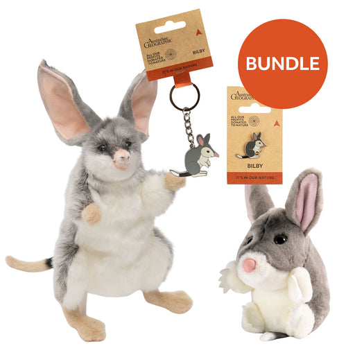 Two plush bilby toys and a keychain with packaging on a white background