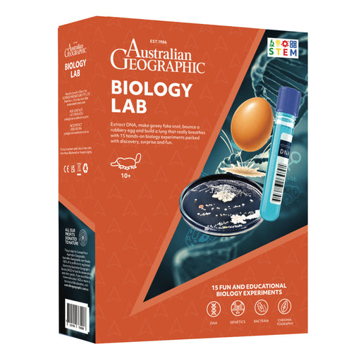 Australian Geographic Biology Lab kit box, featuring a bright orange and dark blue design with illustrations of a DNA test tube, an egg, and a petri dish.