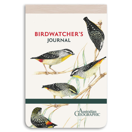 Birdwatcher's Journal with illustrations of birds on a branch, featuring Australian Geographic.