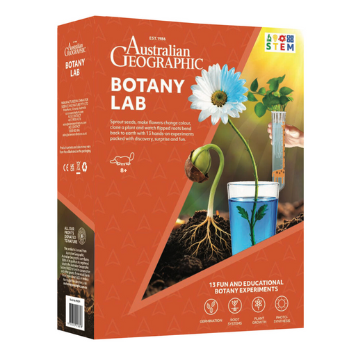 Australian Geographic Botany Lab kit box, featuring a bright orange and yellow design with illustrations of plant growth, seeds, soil, and a flower.