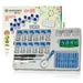 Bresser Junior Chemistry Experiment Set in a white plastic tray, featuring 30+ small vials with blue caps, test tubes, tweezers, a scalpel, a magnifying glass, and a 4-color indicator strip, shown alongside its illustrated packaging box.