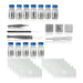 A microscope specimen preparation kit arranged on a white reflective background, including multiple small vials with blue caps, glass slides, forceps, a needle, a spatula, and labeled glass covers.