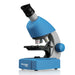 A blue and gray Bresser 100x compound microscope with black eyepiece and stage, shown on a white background with a soft reflection.
