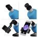 A four-panel product collage showing a microscope accessory setup: close-up of a black objective lens, a black mounting arm, and a smartphone in a black clip holding a magnified specimen view. The microscope body is blue and black, shown against a white background.