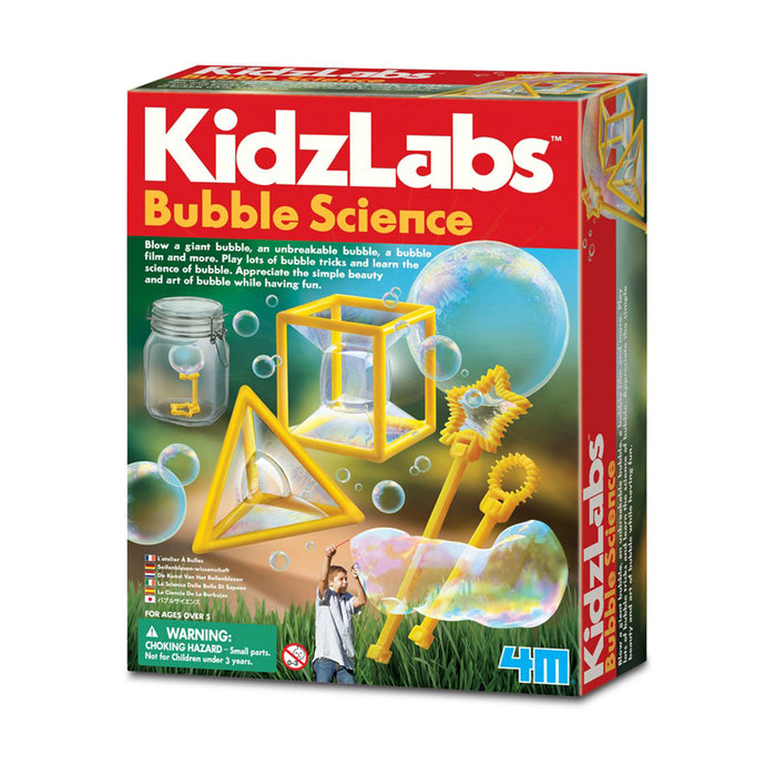 Box of Kidzlabs Bubble Science kit with colorful graphics and text.
