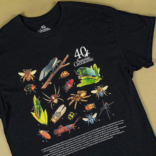 A black short-sleeve graphic T-shirt laid flat on a warm beige background. The shirt features a large colorful print of various insects and spiders, with the text '40th Anniversary' and 'Australian Geographic' on the chest.