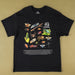 A black short-sleeve graphic t-shirt laid flat on a solid tan background. The front of the shirt features a colorful scientific-style illustration of various insects, spiders, and other bugs, alongside the text '40 Australian Geographic' and a block of smaller descriptive text at the bottom.