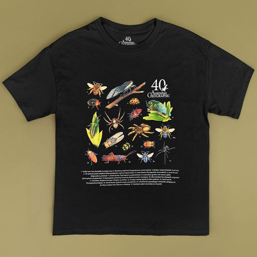 A black short-sleeve graphic t-shirt featuring a detailed illustration of various insects, spiders, and bugs, with the text '40th Anniversary' and 'Australian Geographic' on a solid olive green background.