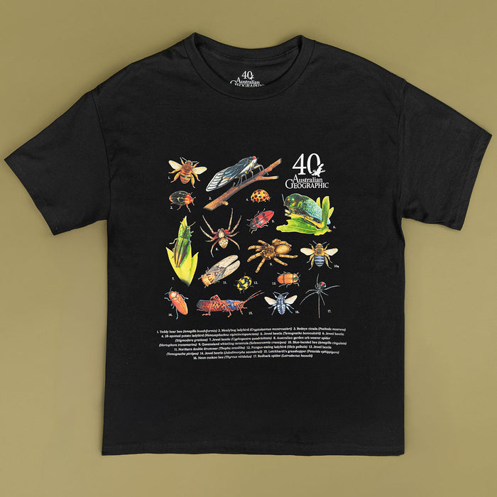 A black short-sleeve graphic t-shirt featuring a detailed illustration of various insects, spiders, and bugs, with the text '40th Anniversary' and 'Australian Geographic' on a solid olive green background.