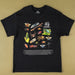 A black short-sleeve graphic t-shirt laid flat on a solid tan background. The front of the shirt features a colorful scientific-style illustration of various insects, spiders, and other bugs, alongside the text '40 Australian Geographic' and a block of smaller descriptive text at the bottom.