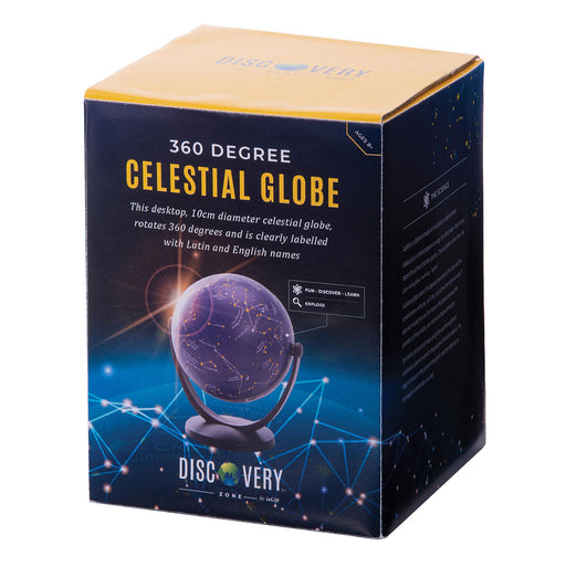 Box packaging of a 360-degree celestial globe with branding on a white background