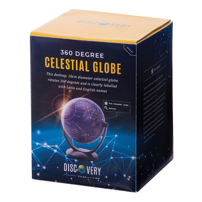 Box packaging of a 360-degree celestial globe with branding on a white background