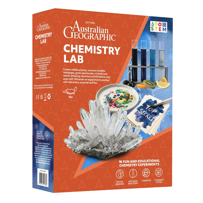 Australian Geographic Chemistry Lab kit box, featuring a bright orange and blue design with images of crystal growing, colorful chemical solutions, and a notebook labeled 'TOP SECRET'.