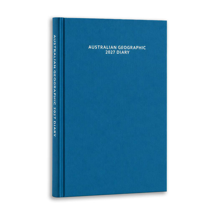 A blue hardcover diary with white text reading 'AUSTRALIAN GEOGRAPHIC 2027 DIARY' on the front cover and spine, shown on a clean white background.