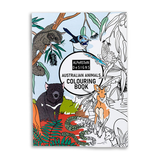Coloring book cover with Australian animals illustrations and 'Alpstein Designs' branding.