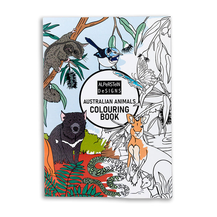 Coloring book cover with Australian animals illustrations and 'Alpstein Designs' branding.