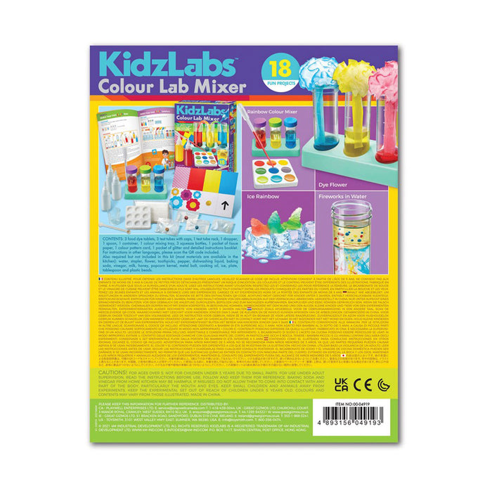 Product packaging for KidzLabs Colour Lab Mixer with colorful design and text.