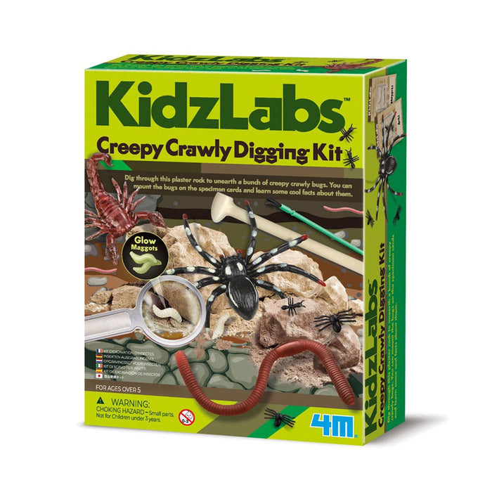 Box of KidzLabs Creepy Crawly Digging Kit with images of insects and tools on a white background
