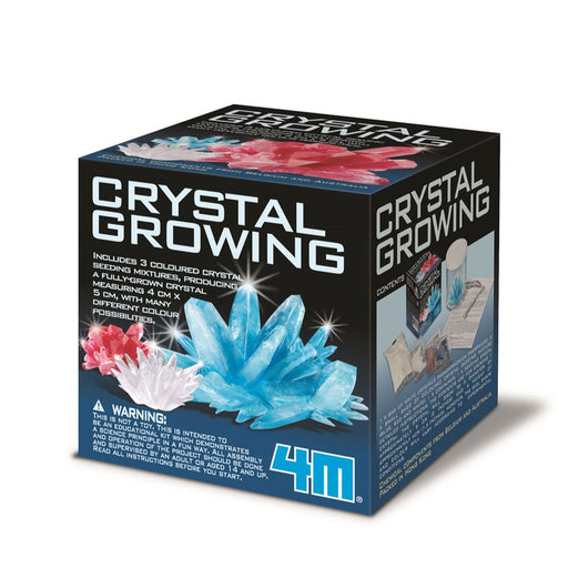 Box of 4M crystal growing kit with colorful crystals on a white background