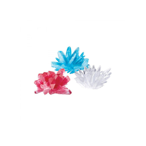 Three colorful crystal-like objects on a white background