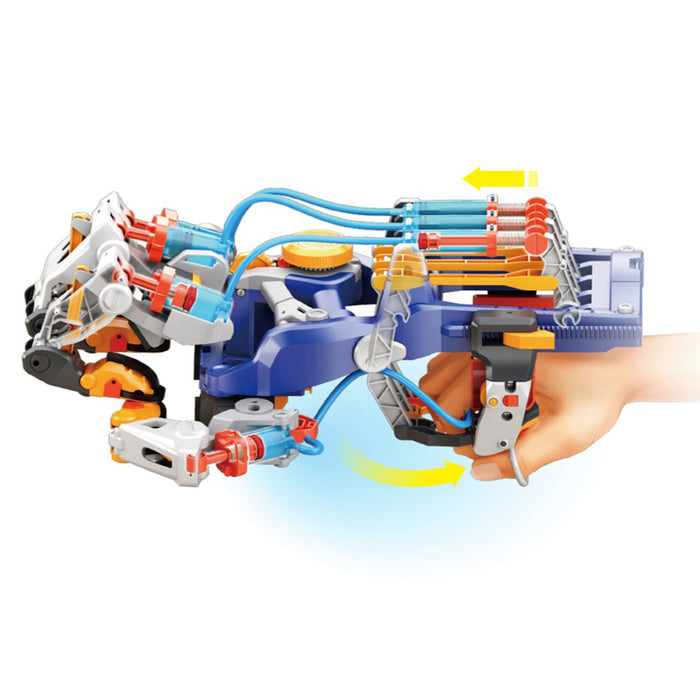 Toy robot with colorful components held by a hand on a white background