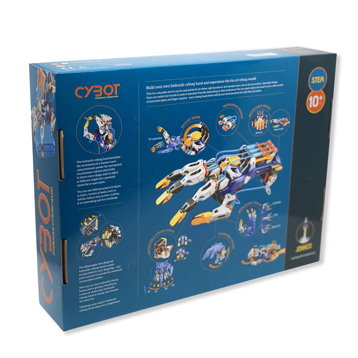 Box of CYBOT toy set with blue background and toy illustration