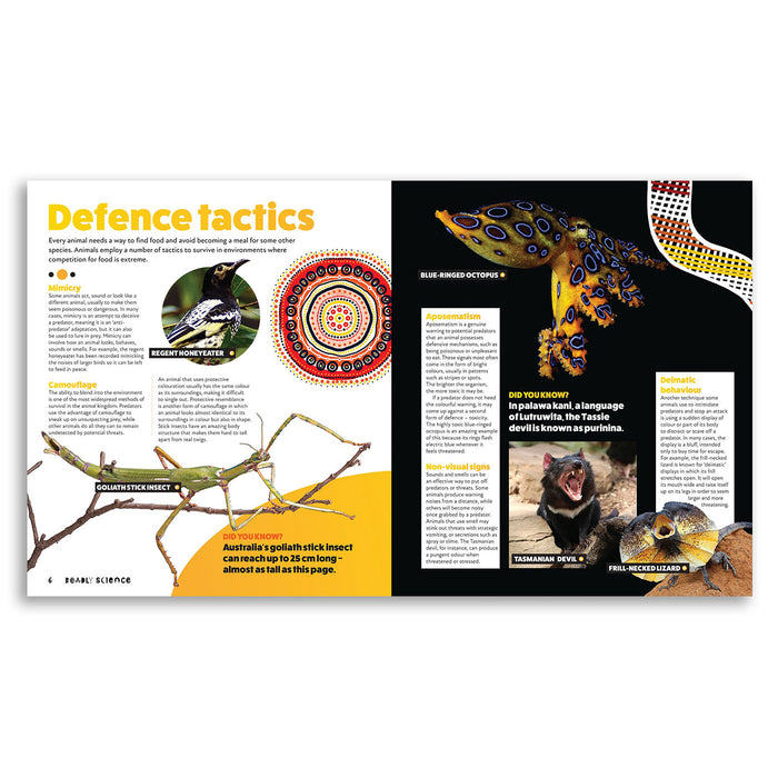 Double-page spread from a book or magazine about animal defense tactics with images and text.