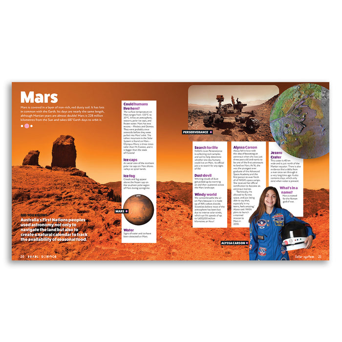 Educational poster about Mars with a rover, astronaut, and text on an orange background