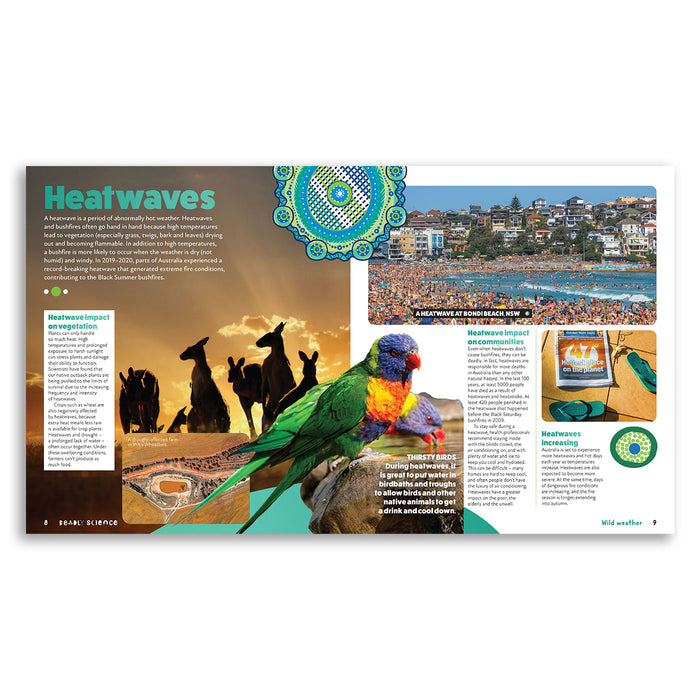 Magazine spread with a colorful parrot, people at a beach, and text on heatwaves.