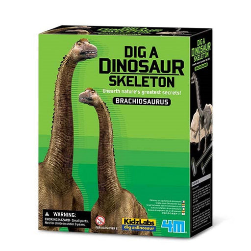 Box for 'Dig a Dinosaur Skeleton' toy set featuring Brachiosaurus on a green background.