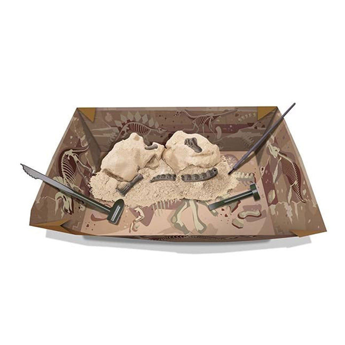 Dinosaur skeleton model in a display box with prehistoric scene design.