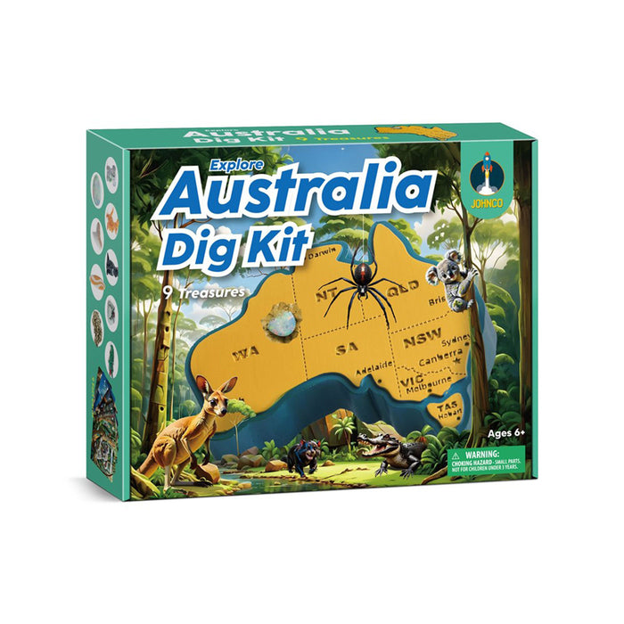 Box for 'Explore Australia Dig Kit' with a map of Australia and illustrations of animals on a white background.