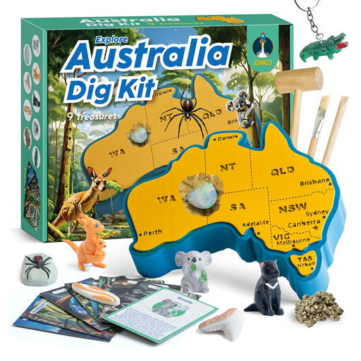 Australia Dig Kit with map, toys, and educational materials on a white background
