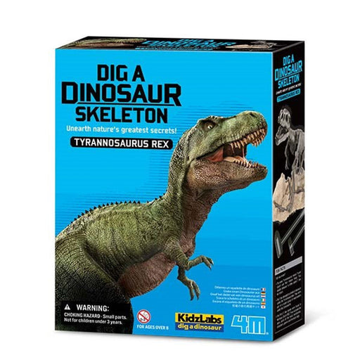Box for a dinosaur skeleton toy set with T-Rex illustration on a blue background