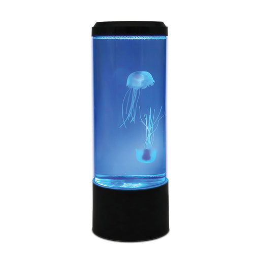 Blue cylindrical lamp with jellyfish design on a white background