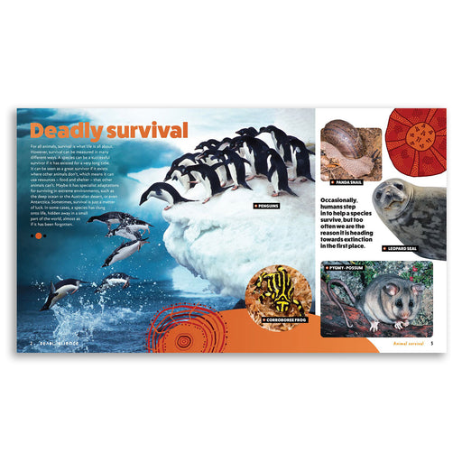 Magazine page with penguins on ice and text about survival, featuring a tiger and other animals.