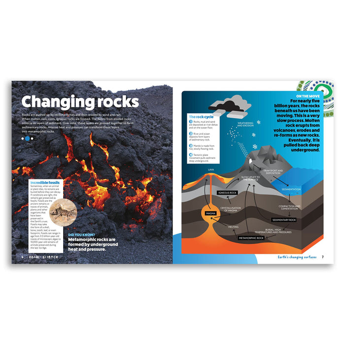 Science book page on changing rocks with volcanic eruption illustration and geological diagram.